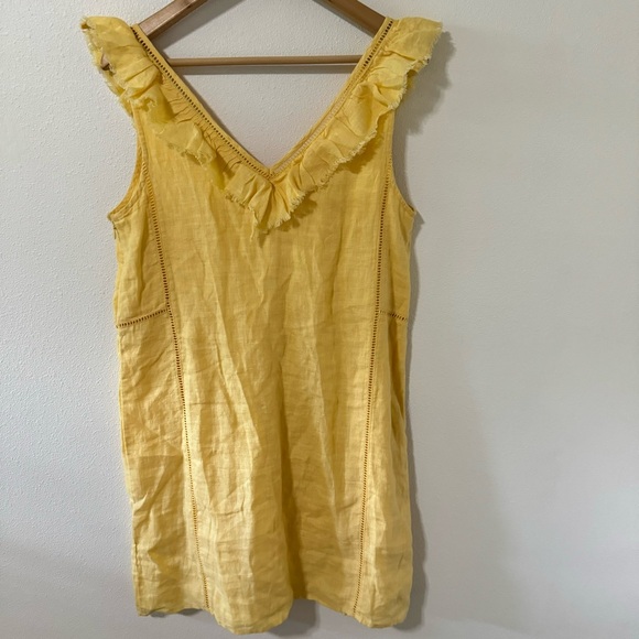 Faherty Ellis Linen Shift Dress Butter Yellow V Neck Lattice Lace Sleeveless-M - Picture 3 of 9